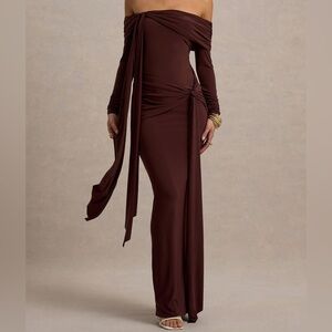 Club L London Brown Bardot Wrap Maxi Dress With Sash Detail